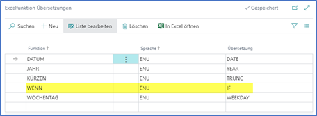 Excel Reports Funktionsübersetzungen