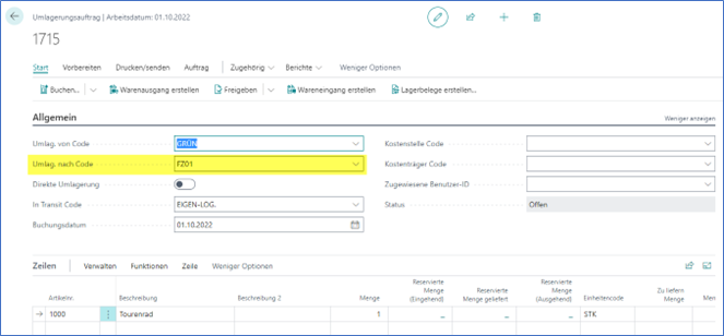 Umlagerungsauftrag anlegen